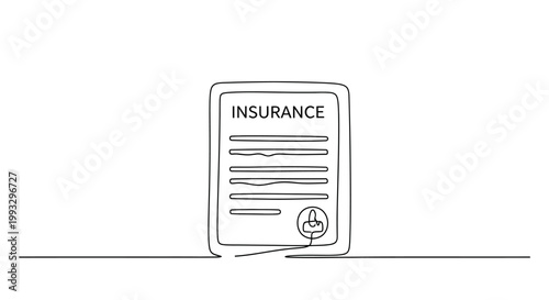 Insurance document with seal and text, single line drawing, isolated on white background