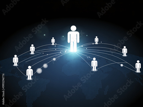 A glowing figure connects with others in a network of relationships