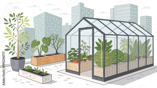 Rooftop greenhouse with various plants and urban city skyline background, modern urban gardening concept, vector illustration