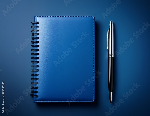 blue notebook and classic black ballpoint pen for professional office and educational use
