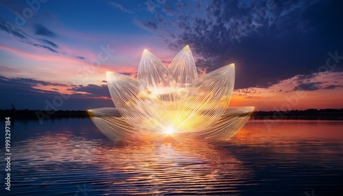 a glowing lotus flower floating on still water under a twilight sky with gentle ripples radiating outward creating a sense of calm and harmony