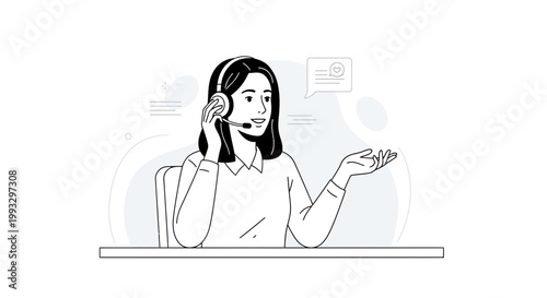 Customer service agent with headset, smiling and talking, customer support concept illustration