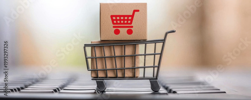  miniature shopping cart with a cardboard box featuring a red shopping cart icon sits on a laptop keyboard, symbolizing online shopping and e-commerce.