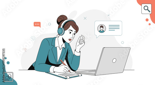 Customer service agent with headset, laptop, and notepad, taking notes during call