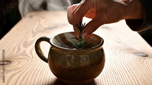 A hand carefully places a fresh sprig of aromatic rosemary into a rustic steaming mug filled with a warm beverage on a textured wooden table.