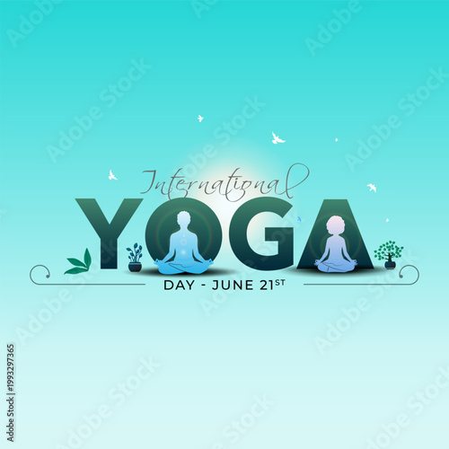 A couple practices yoga with the International Yoga Day logo and background.