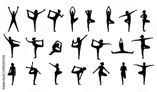 Yoga Silhouette Vector Pack of 18 Poses in Meditation and Fitness Asanas Isolated on White Background