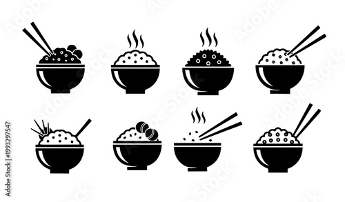 Minimalist Rice Bowl Icon Set Black Silhouette Vector Collection of Asian Food Bowls Isolated on White Background
