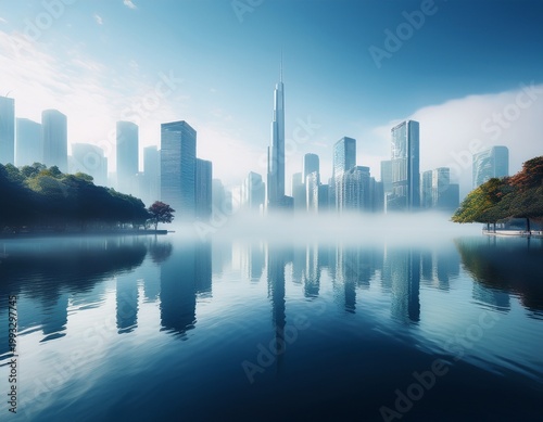 cityscape in the mist a mesmerizing image of a modern city rising from a subtle veil of fog with glass towers and buildings mirrored in a tranquil lake