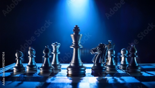 dark psychology power control concept a mystical chess scene illuminated by blue light featuring various pieces arranged on a dark board