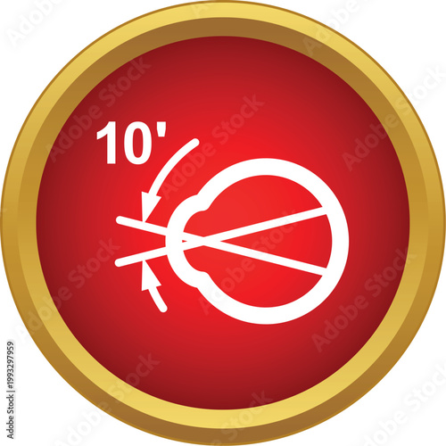 Eye icon showing vision angle measurement with 10 minutes of arc symbol on a red circle