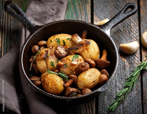 savory baked potatoes with garlic herbs and saut ed chanterelles in a cast iron skillet