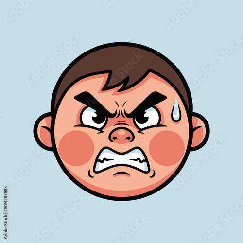 Angry cartoon boy with frown face.