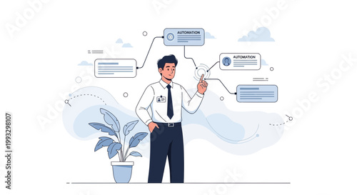 Businessman interacting with automation flowchart, business process optimization concept
