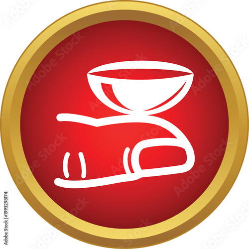 Finger holding a contact lens in a red and gold round icon