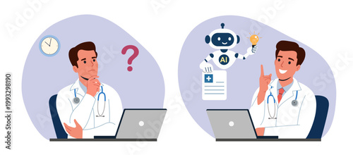 Doctor solving medical problem with artificial intelligence assistant, AI helping with diagnosis, before and after concept. Flat style cartoon vector illustration.