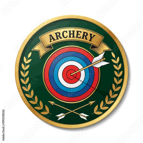 Archery target with gold arrows.
