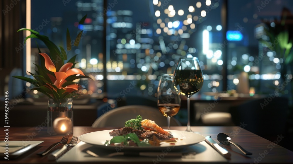 Obraz premium Gourmet dinner with city view