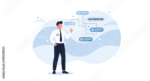 Businessman presenting automation process with flowchart and icons on abstract background