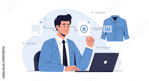 Businessman using AI for fashion design, creating digital clothing from data