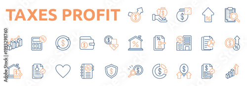 Taxes Profit icon set color outline style with profit, earning, deposit, tax growth, audit, home tax, pro bono, tax office, tax record, business protection icons