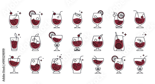 Collection of various red cocktails and drinks in different glasses with garnishes.