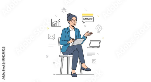 Businesswoman conducting interview with digital icons and laptop