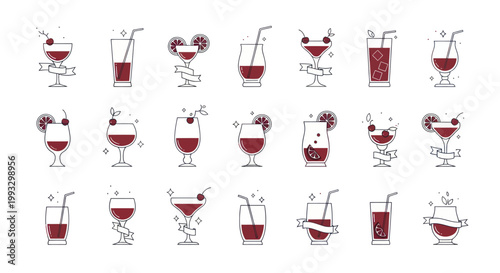 Collection of various red cocktails and drinks in different glasses.