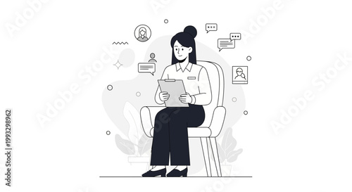 Businesswoman in interview, HR manager with clipboard, online communication, recruitment concept