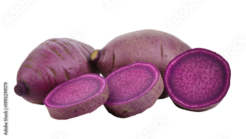 Φωτογραφία Purple sweet potatoes with sliced halves showing interior flesh