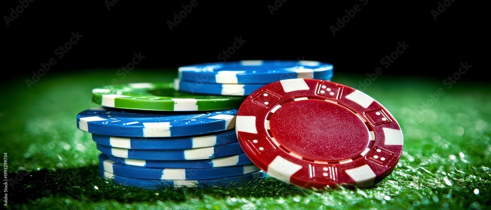 Fototapeta premium Vibrant Poker Chips Stacked on Green Felt for Casino Gaming
