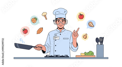 Chef using VR headset cooking with digital ingredients and virtual reality