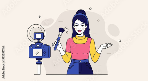 Beauty Vlogger Recording Makeup Tutorial with Ring Light and Camera