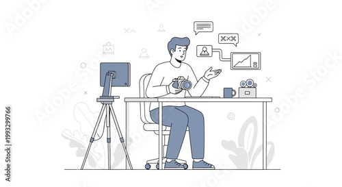 Content Creator with Camera and Computer, Discussing Ideas and Data