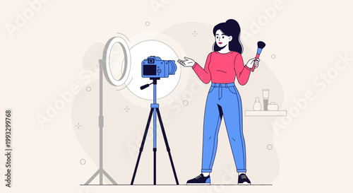 Beauty Vlogger Recording Makeup Tutorial with Ring Light and Camera