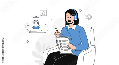 Customer service agent with headset and checklist, online support concept