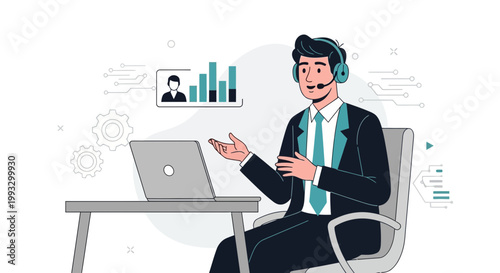 Customer service agent with headset and laptop, analyzing data and charts.