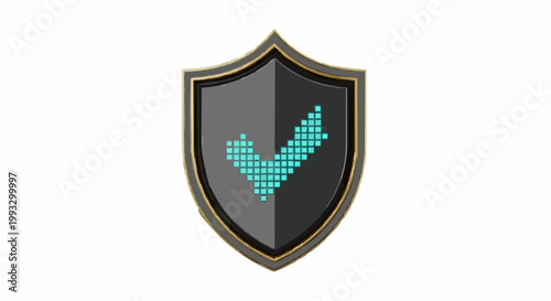 Sleek metallic shield icon with a glowing pixelated checkmark, symbolizing robust security, successful verification, and digital protection against threats and vulnerabilities in modern systems