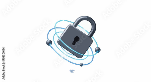 Digital security concept with a secure padlock icon encircled by dynamic orbiting lines, representing robust data protection and network privacy in a modern technological environment