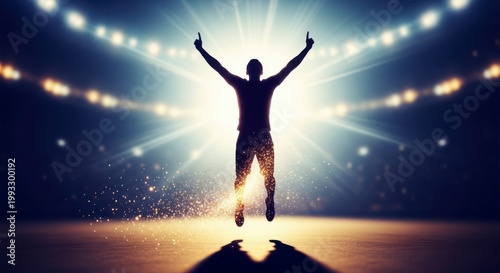 A man jumping in the air with his arms raised in triumph under a bright spotlight