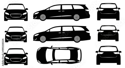 Silhouette Car Views: Front, Side, Top, Back - Minivan or Station Wagon