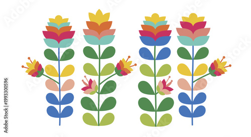 Colorful Folk Art Flowers Illustration.