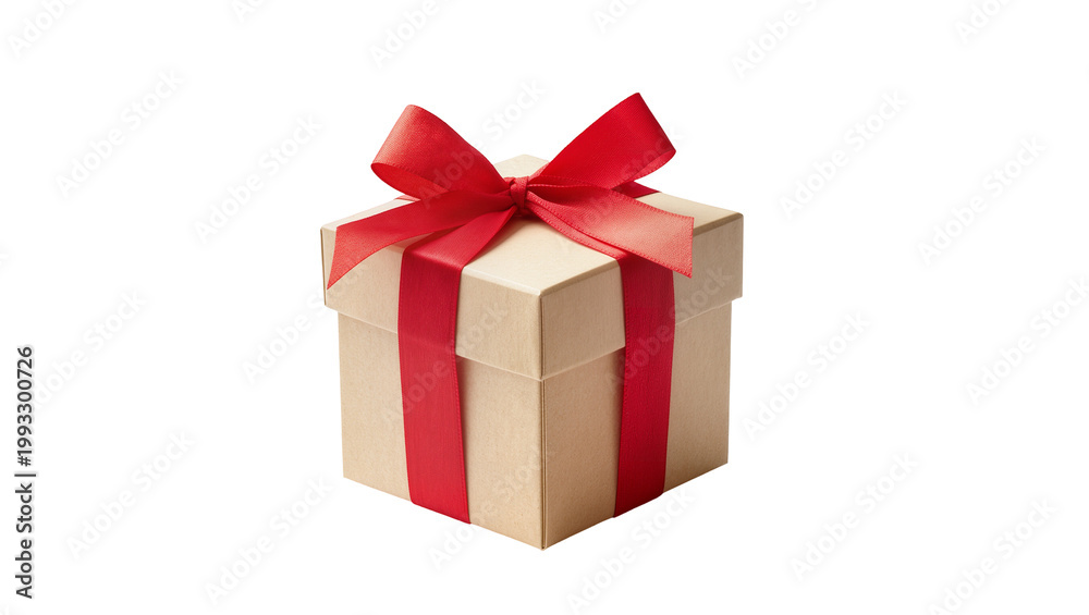 Fototapeta premium Kraft cardboard gift box tied with bright red satin ribbon