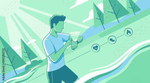 Man checks smartwatch while running outdoors, tracking fitness metrics. Represents health, technology, and active lifestyle. Ideal for tech, sport, wellness designs.