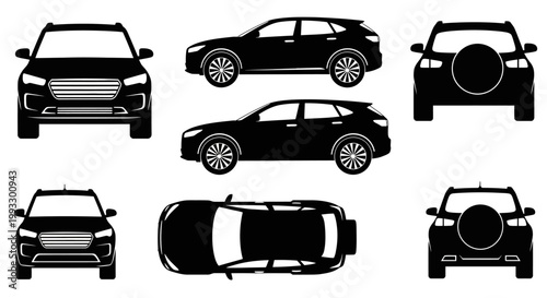 SUV Car Silhouettes: Front, Side, Top, and Rear Views