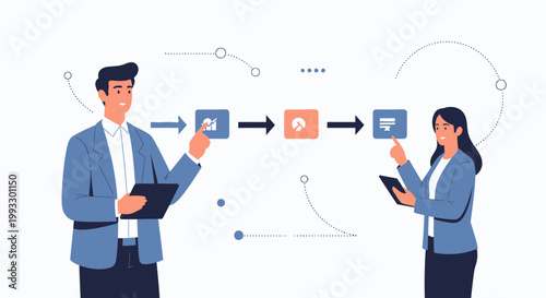 Business team collaborating on a project workflow with icons and data visualization