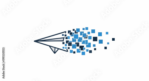 Dynamic illustration of digital communication a paper airplane transforming into a rapid stream of blue pixels, symbolizing fast data transfer, innovation, and modern technology