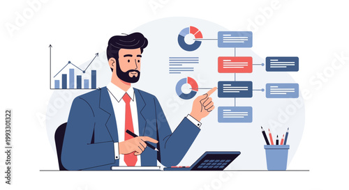 Businessman analyzing charts and flowchart, planning business strategy with calculator and graphs