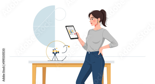 Woman with tablet and camera setup for content creation, digital art