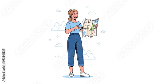 Woman with map planning adventure, mountains background, travel concept illustration